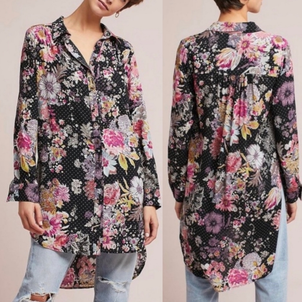 Meave Floral Tunic Buttom Down Shirt Glitter Polka Dot High Low Hem Small